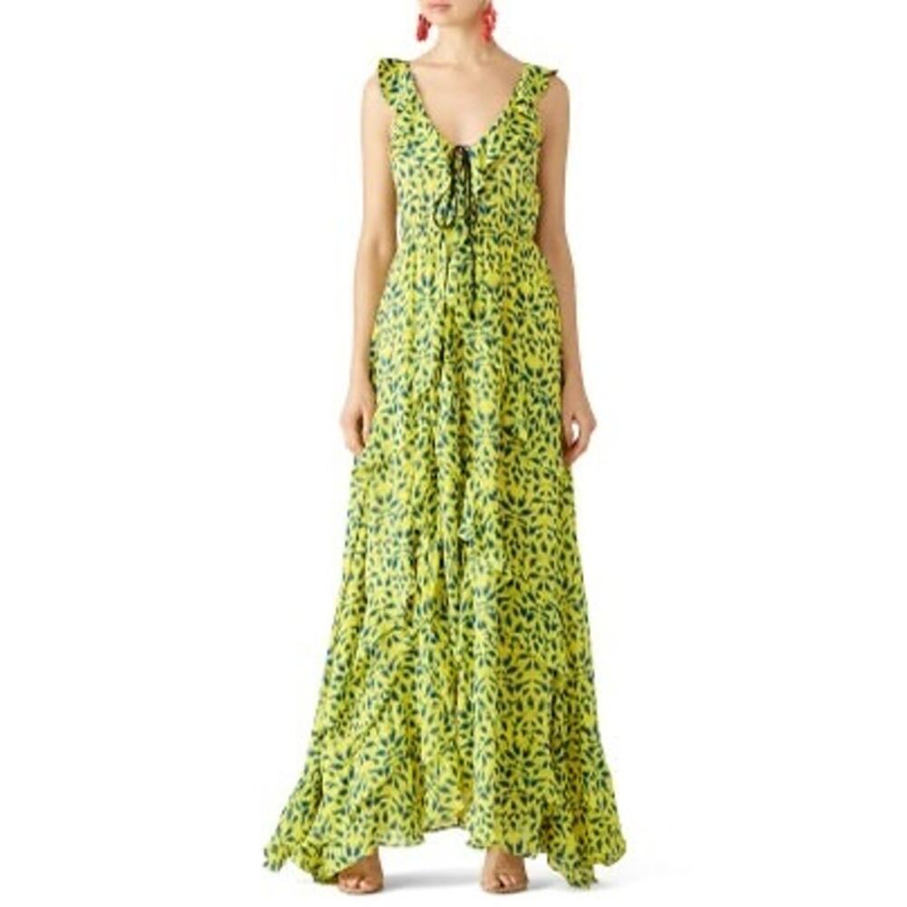 TANYA TAYLOR Yellow Blue Printed Silk Chiffon V-Neckline Maxi Dress Size 2